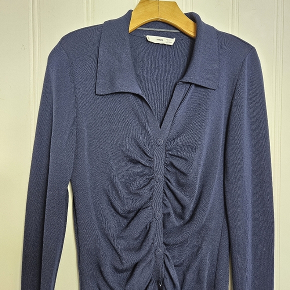 Mango MNG Navy Blue Gathered Knit Cardigan Womens L Classic Tailored Sweater - Picture 2 of 2